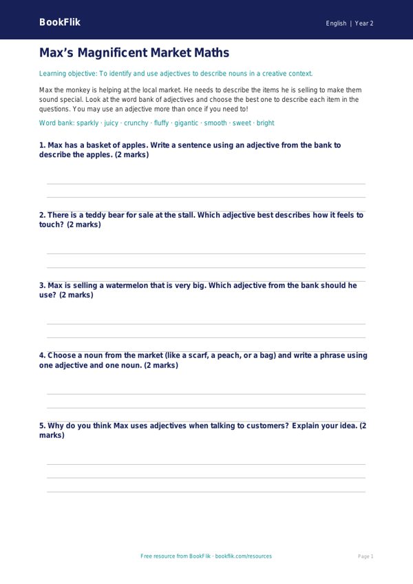 Free Adjectives Activity Sheet | Year 2 Core | BookFlik worksheet preview — English Adjectives