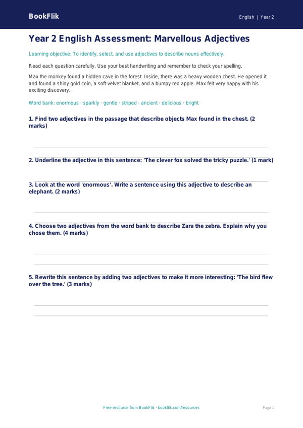 Free Adjectives Assessment | Year 2 Core | BookFlik worksheet preview — English Adjectives