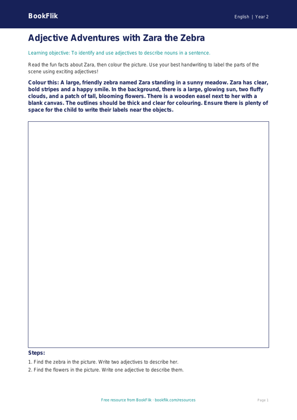 Free Adjectives Colouring Page | Year 2 Core | BookFlik worksheet preview — English Adjectives