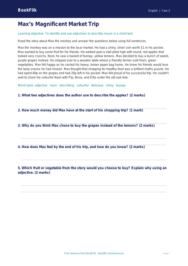 Free Adjectives Comprehension | Year 2 Core | BookFlik worksheet preview — English Adjectives