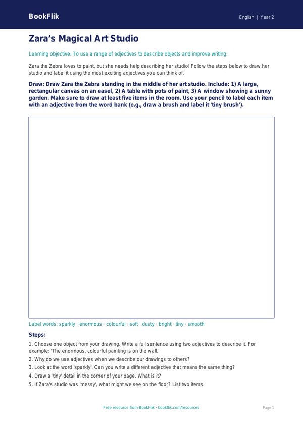 Free Adjectives Drawing Sheet | Year 2 Core | BookFlik worksheet preview — English Adjectives