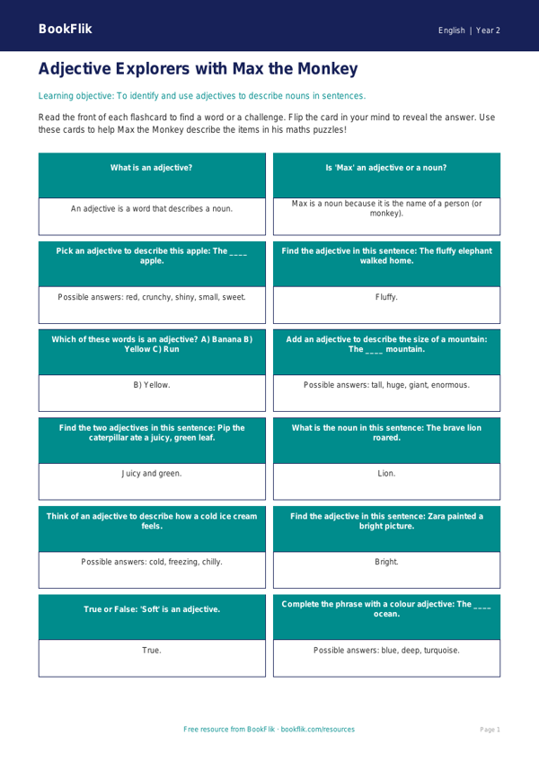 Free Adjectives Flashcards | Year 2 Core | BookFlik worksheet preview — English Adjectives