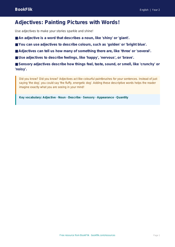 Free Adjectives Poster | Year 2 Core | BookFlik worksheet preview — English Adjectives