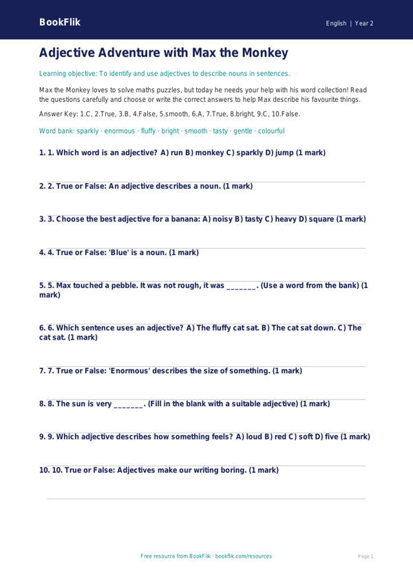 Free Adjectives Quiz | Year 2 Core | BookFlik worksheet preview — English Adjectives