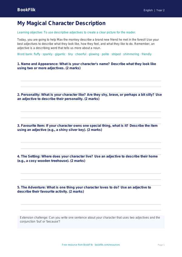 Free Adjectives Worksheet | Year 2 Grammar Practice | BookFlik worksheet preview — English Adjectives