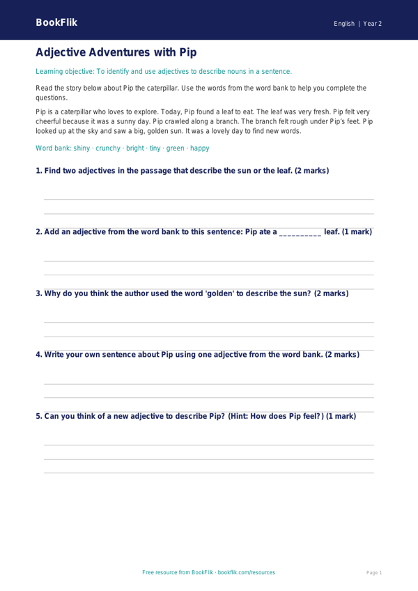 Free Adjectives Track Sheet | Year 2 Core | BookFlik worksheet preview — English Adjectives