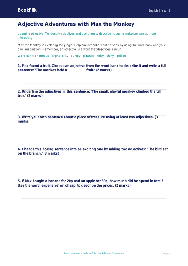 Free Adjectives Worksheet | Year 2 Core | BookFlik worksheet preview — English Adjectives