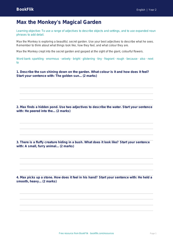 Free Adjectives Writing Frame | Year 2 Core | BookFlik worksheet preview — English Adjectives