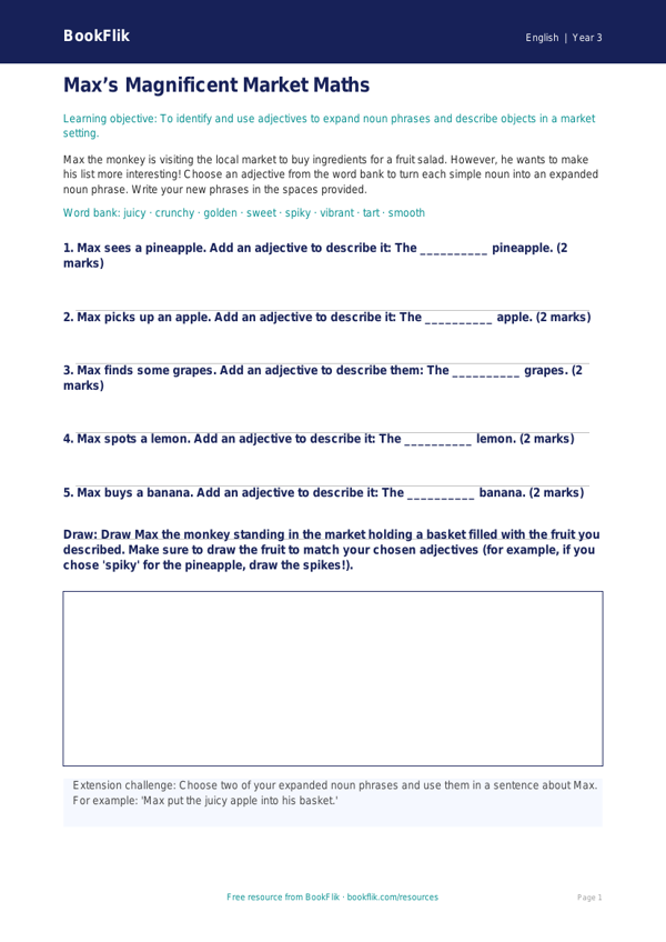 Free Adjectives Activity Sheet | Year 3 Core | BookFlik worksheet preview — English Adjectives