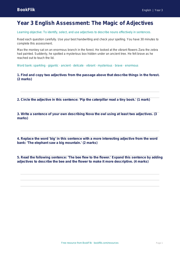Free Adjectives Assessment | Year 3 Core | BookFlik worksheet preview — English Adjectives