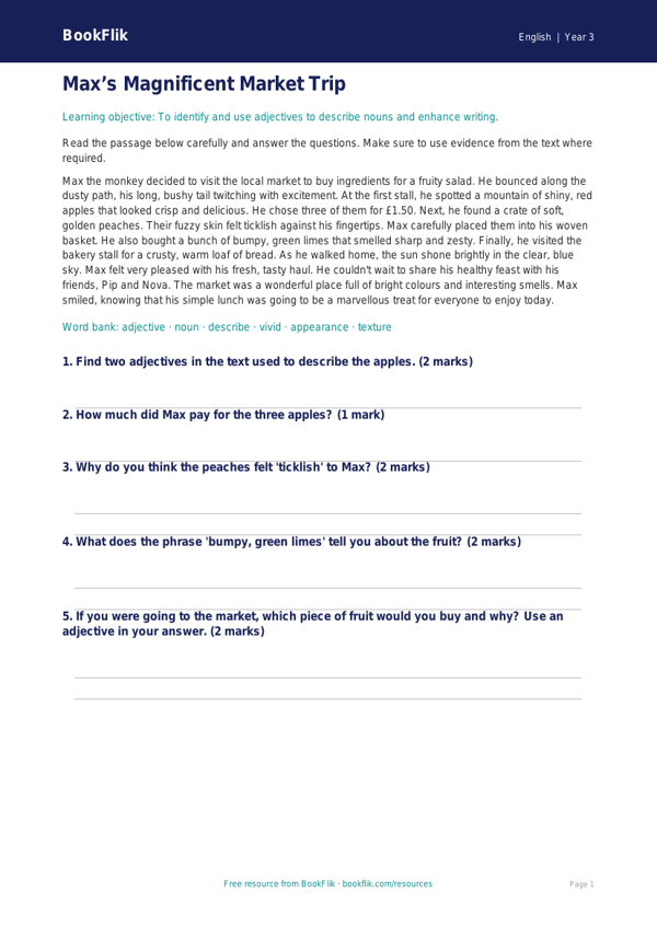 Free Adjectives Comprehension | Year 3 Core | BookFlik worksheet preview — English Adjectives