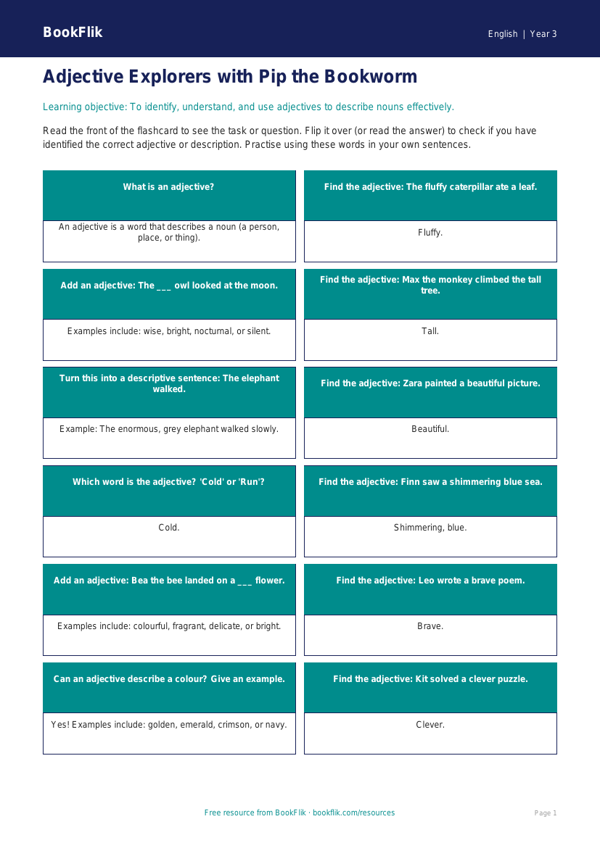 Free Adjectives Flashcards | Year 3 Core | BookFlik worksheet preview — English Adjectives