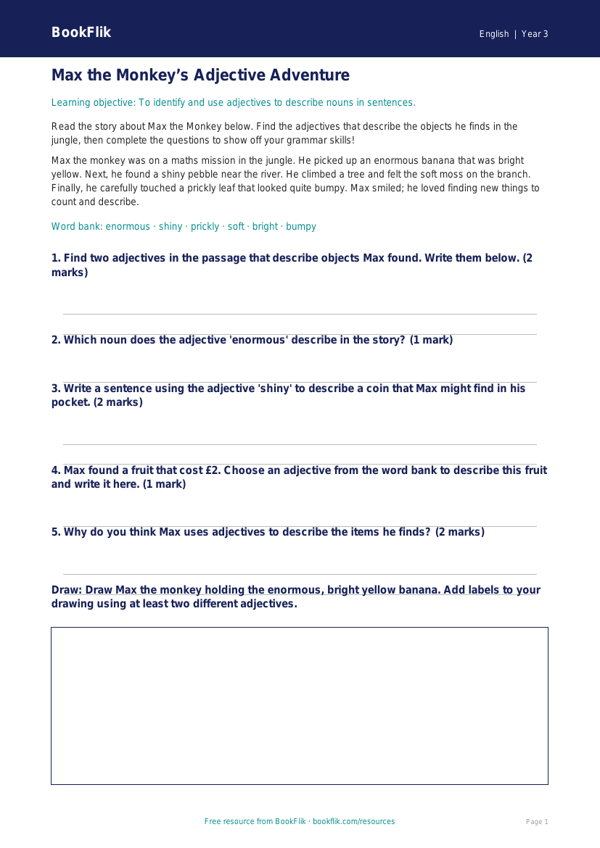 Free Adjectives Track Sheet | Year 3 Core | BookFlik worksheet preview — English Adjectives