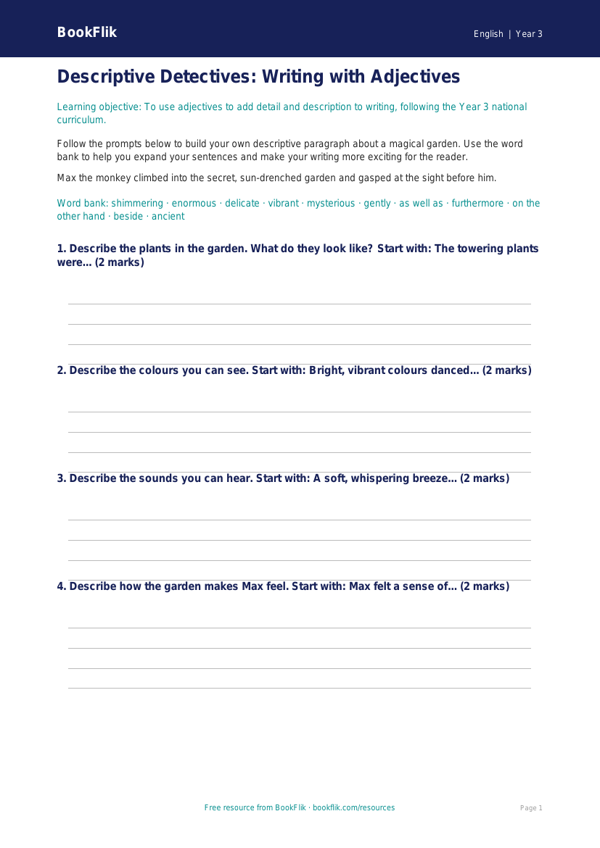 Free Adjectives Writing Frame | Year 3 Core | BookFlik worksheet preview — English Adjectives