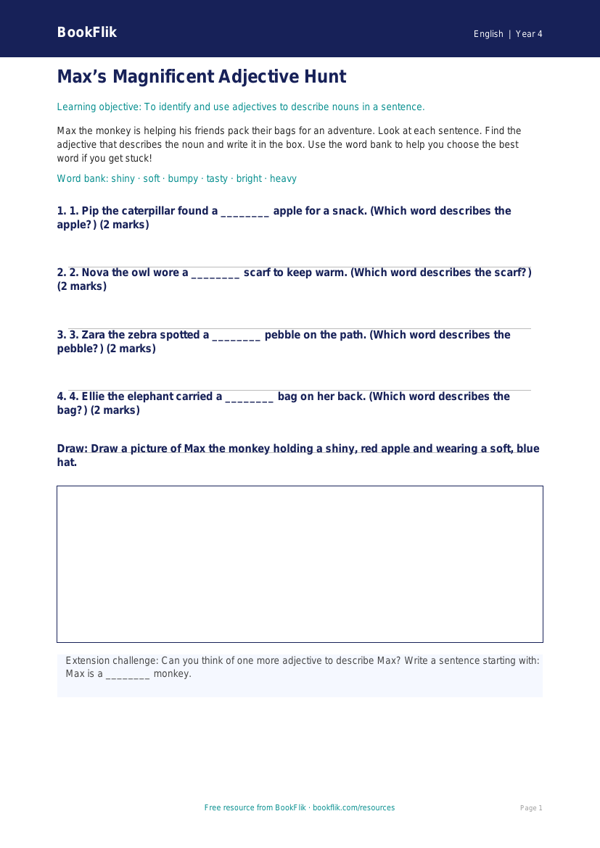 Free Adjectives Activity Sheet | Year 4 Supported | BookFlik worksheet preview — English Adjectives