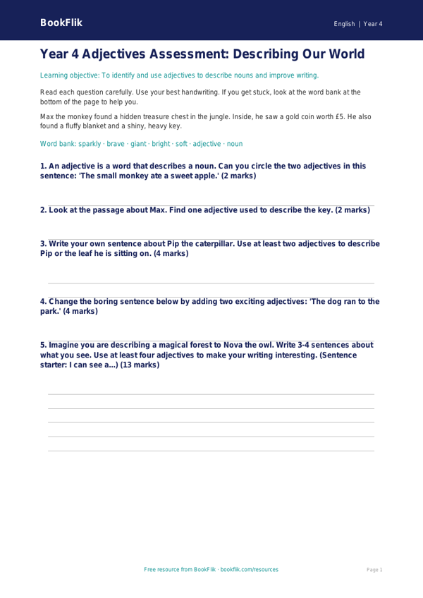 Free Adjectives Assessment | Year 4 Supported | BookFlik worksheet preview — English Adjectives