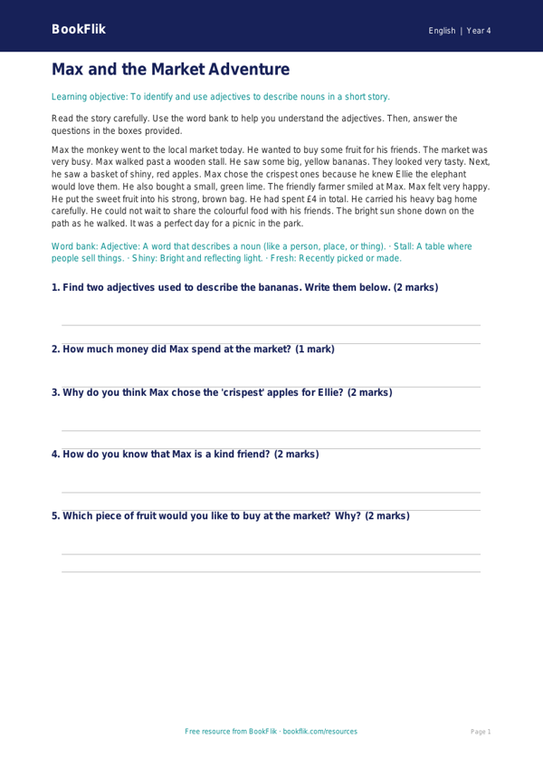 Free Adjectives Comprehension | Year 4 Supported | BookFlik worksheet preview — English Adjectives