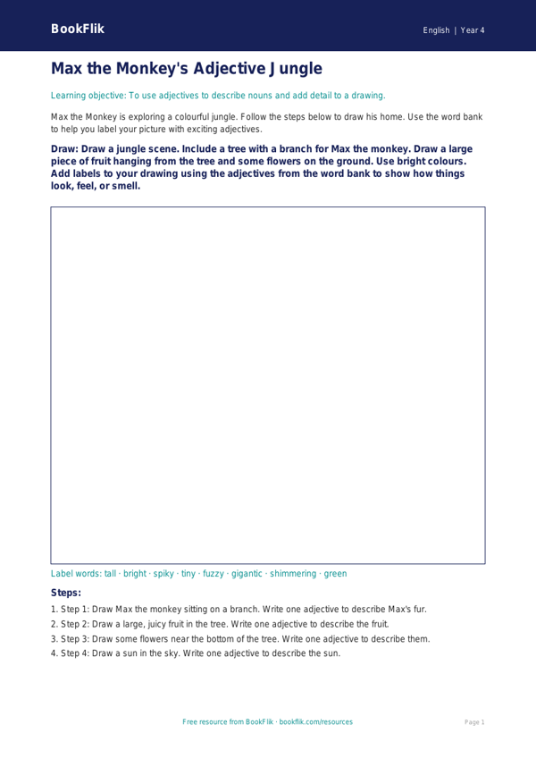 Free Adjectives Drawing Sheet | Year 4 Supported | BookFlik worksheet preview — English Adjectives