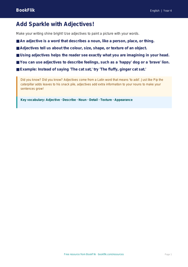 Free Adjectives Poster | Year 4 Supported | BookFlik worksheet preview — English Adjectives