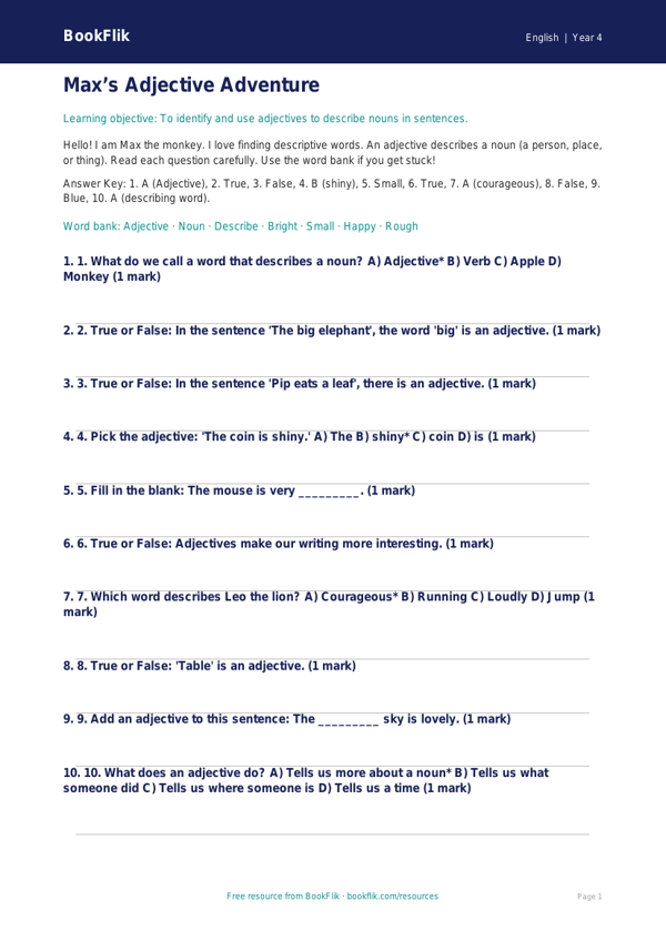 Free Adjectives Quiz | Year 4 Supported | BookFlik worksheet preview — English Adjectives