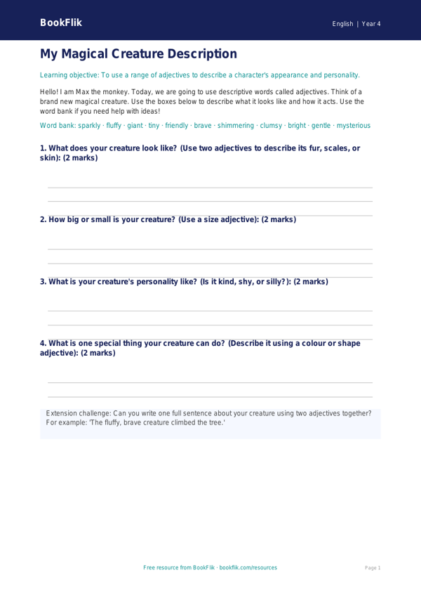 Free Adjectives Template | Year 4 Supported | BookFlik worksheet preview — English Adjectives