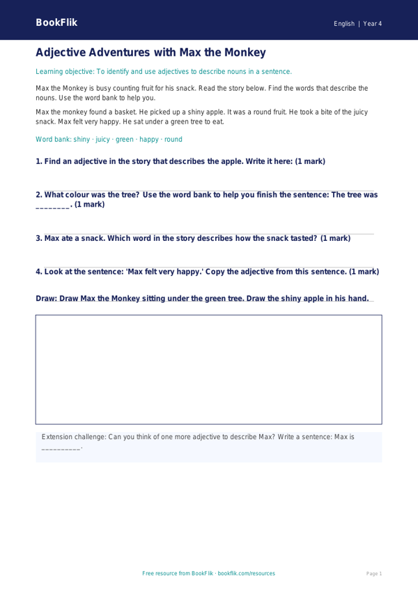 Free Adjectives Track Sheet | Year 4 Supported | BookFlik worksheet preview — English Adjectives