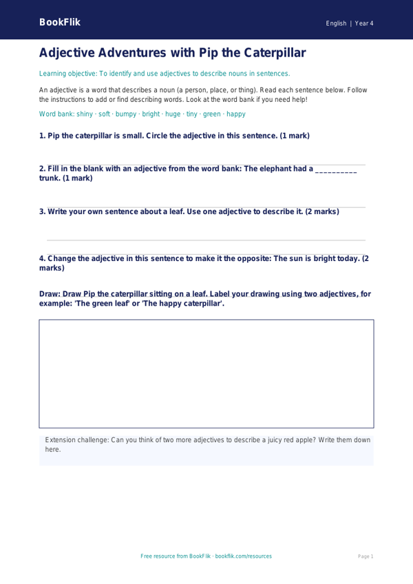 Free Adjectives Worksheet | Year 4 Supported | BookFlik worksheet preview — English Adjectives