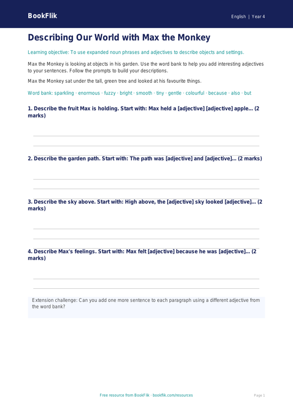 Free Adjectives Writing Frame | Year 4 Supported | BookFlik worksheet preview — English Adjectives
