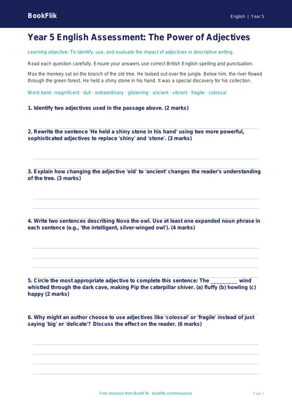 Free Adjectives Assessment | Year 5 Core | BookFlik worksheet preview — English Adjectives