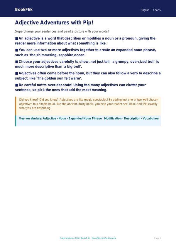 Free Adjectives Poster | Year 5 Core | BookFlik worksheet preview — English Adjectives