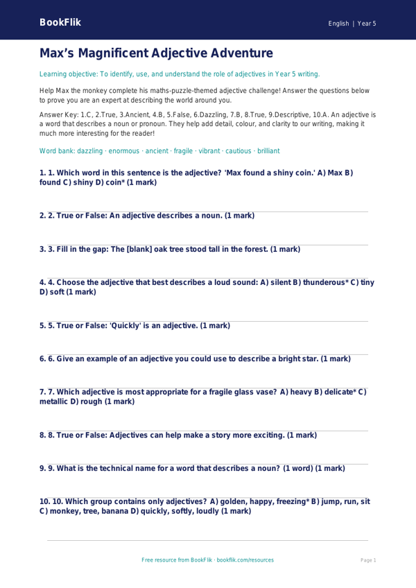 Free Adjectives Quiz | Year 5 Core | BookFlik worksheet preview — English Adjectives
