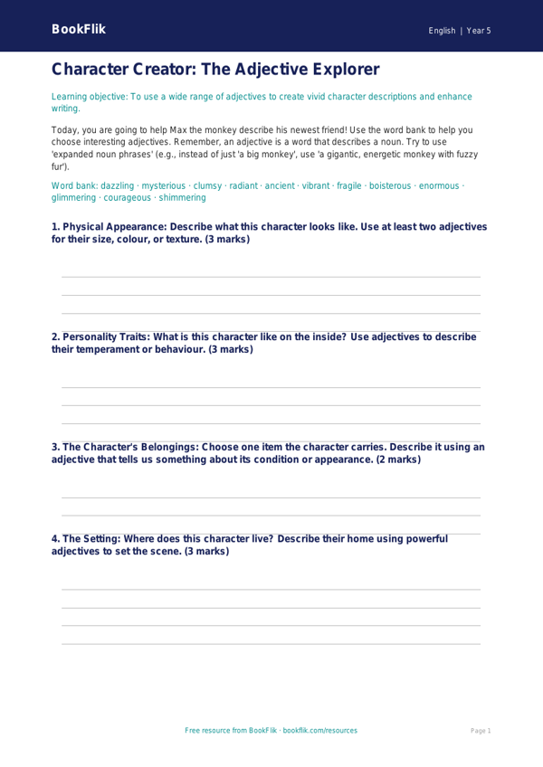 Free Adjectives Template | Year 5 Core | BookFlik worksheet preview — English Adjectives