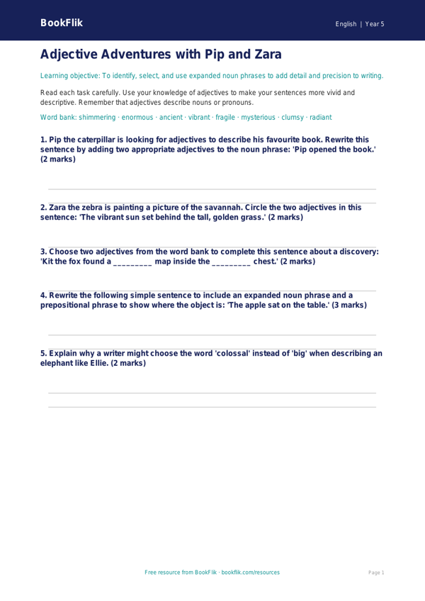 Free Adjectives Worksheet | Year 5 Core | BookFlik worksheet preview — English Adjectives