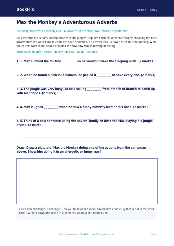 Free Adverbs Activity Sheet | Year 2 Core | BookFlik worksheet preview — English Adverbs