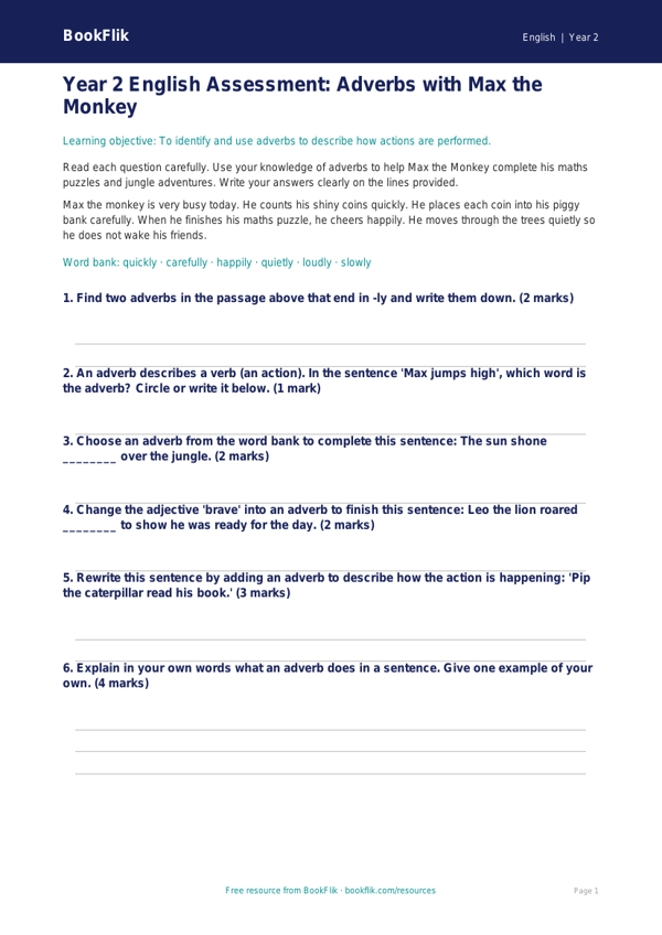 Free Adverbs Assessment | Year 2 Core | BookFlik worksheet preview — English Adverbs
