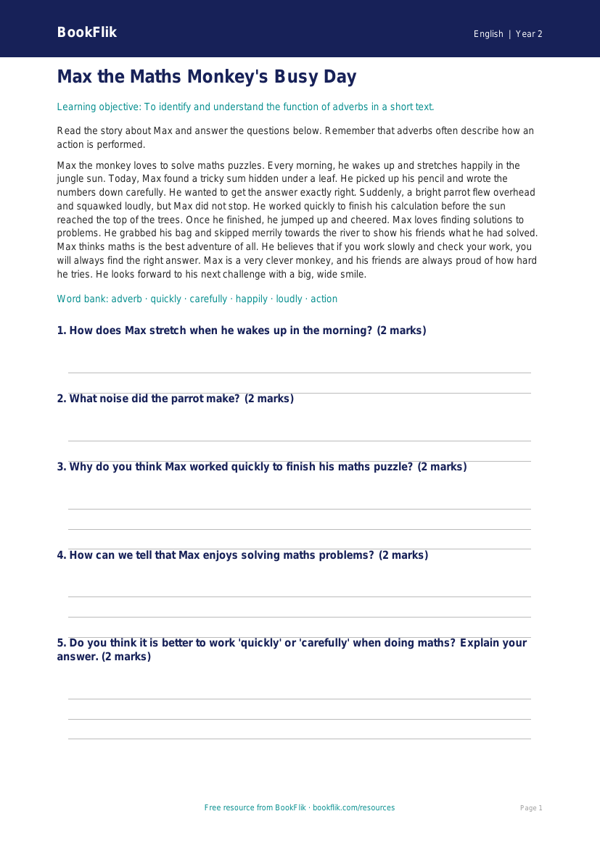 Free Adverbs Comprehension | Year 2 Core | BookFlik worksheet preview — English Adverbs