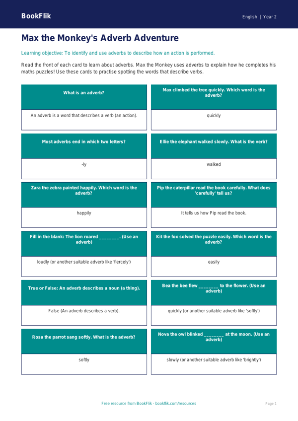Free Adverbs Flashcards | Year 2 Core | BookFlik worksheet preview — English Adverbs