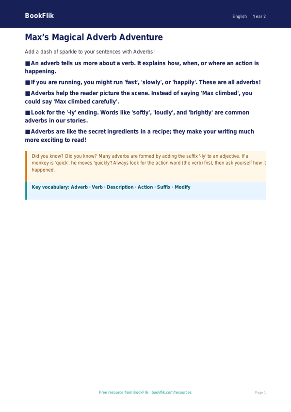 Free Adverbs Poster | Year 2 Core | BookFlik worksheet preview — English Adverbs