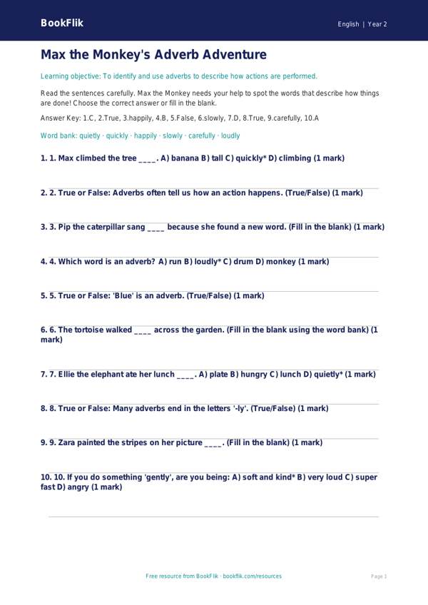 Free Adverbs Quiz | Year 2 Core | BookFlik worksheet preview — English Adverbs