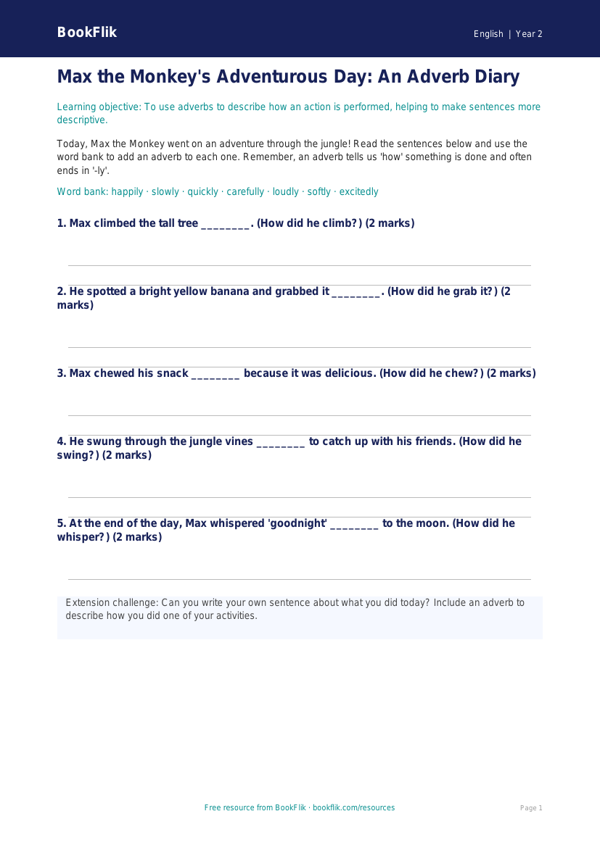 Free Adverbs Template | Year 2 Core | BookFlik worksheet preview — English Adverbs