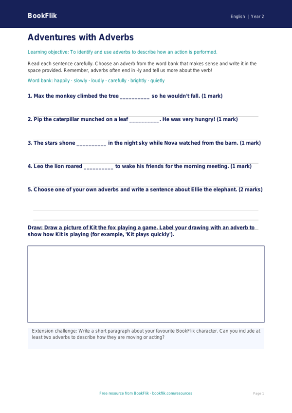 Free Adverbs Worksheet | Year 2 Core | BookFlik worksheet preview — English Adverbs