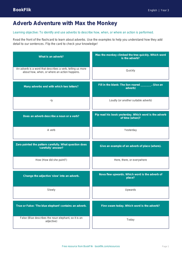 Free Adverbs Flashcards | Year 3 Core | BookFlik worksheet preview — English Adverbs