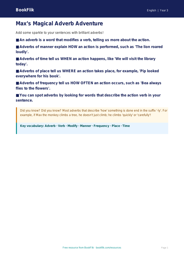 Free Adverbs Poster | Year 3 Core | BookFlik worksheet preview — English Adverbs