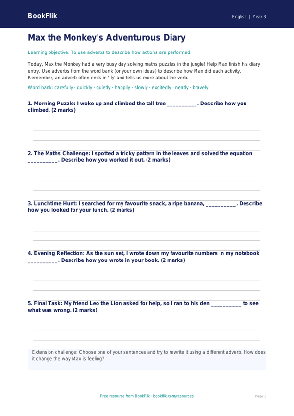 Free Adverbs Template | Year 3 Core | BookFlik worksheet preview — English Adverbs