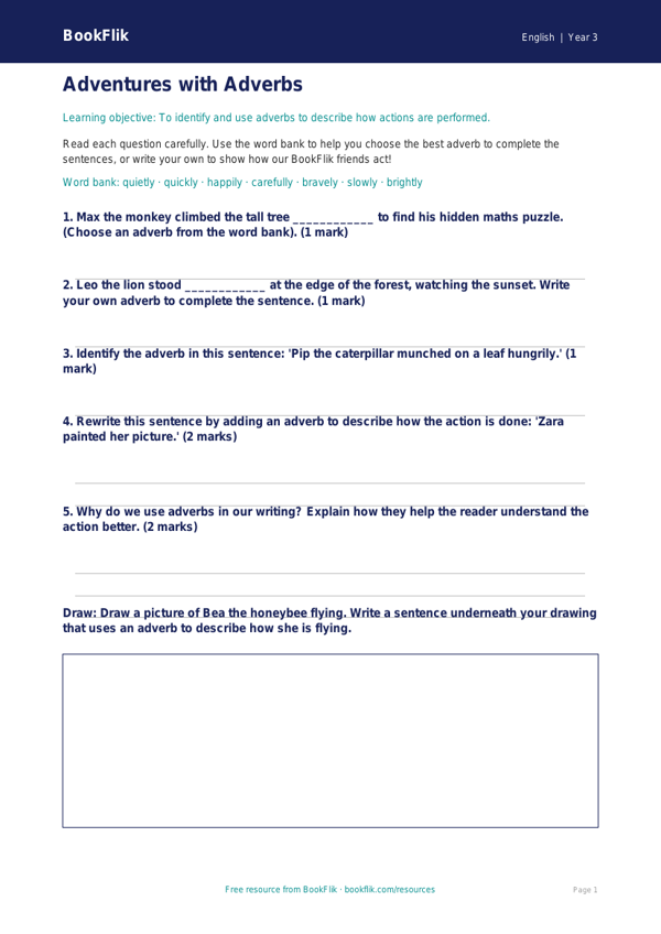 Free Adverbs Worksheet | Year 3 Core | BookFlik worksheet preview — English Adverbs