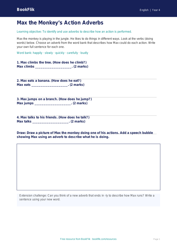 Free Adverbs Activity Sheet | Year 4 Supported | BookFlik worksheet preview — English Adverbs