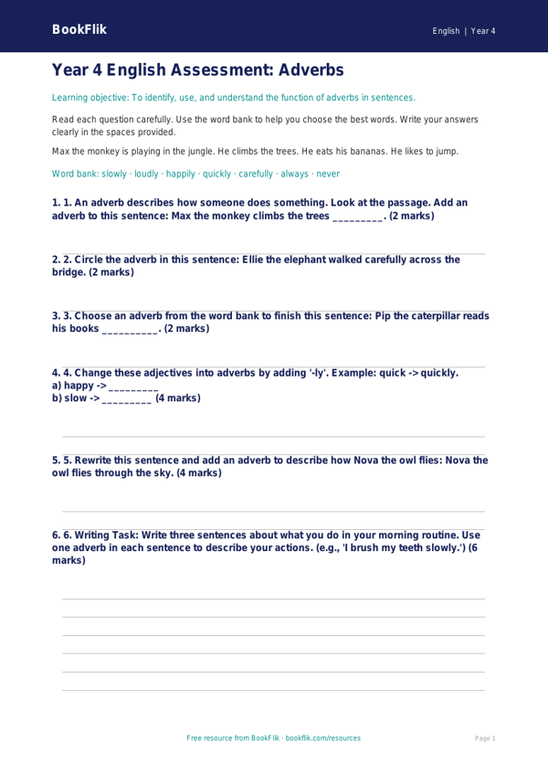 Free Adverbs Assessment | Year 4 Supported | BookFlik worksheet preview — English Adverbs