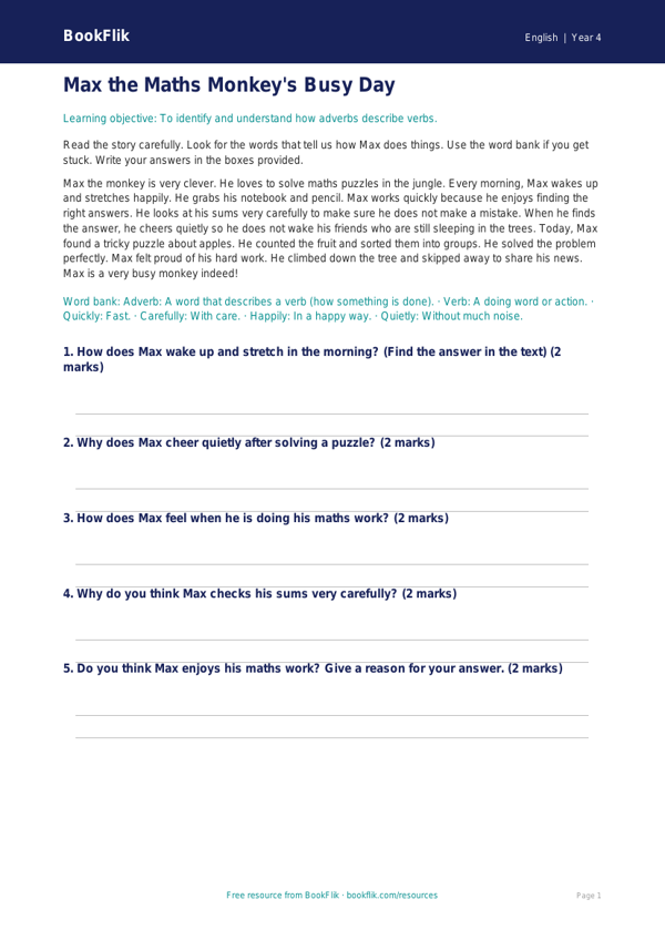 Free Adverbs Comprehension | Year 4 Supported | BookFlik worksheet preview — English Adverbs