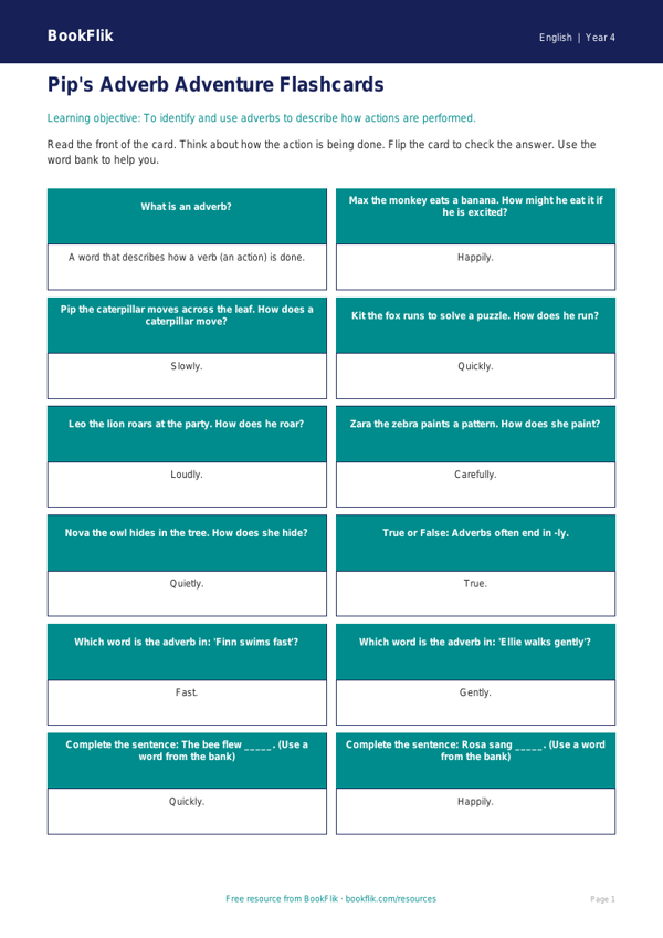 Free Adverbs Flashcards | Year 4 Supported | BookFlik worksheet preview — English Adverbs