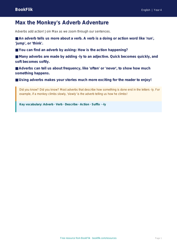 Free Adverbs Poster | Year 4 Supported | BookFlik worksheet preview — English Adverbs